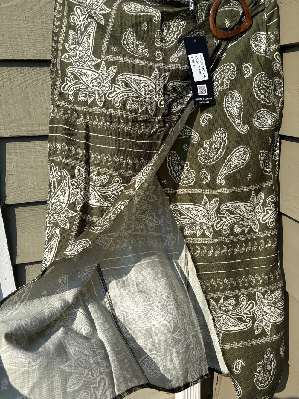 NWT GALITA boutique Olive Paisley faux Wrap Skirt w front Slit Sz L & bandana